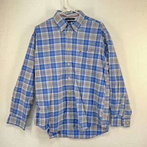 Tommy Hilfiger Mens Button Down Dress Shirt Blue Plaid Large
